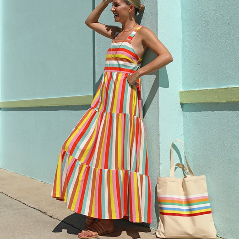J. Crew Rainbow Striped Tiered Maxi Dress Colorful Flowy Pockets Midi Cotton